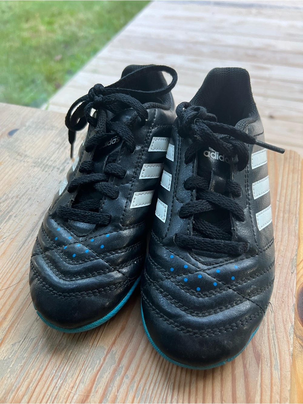 adidas Kids Black & White Soccer Sneakers with Blue Accents